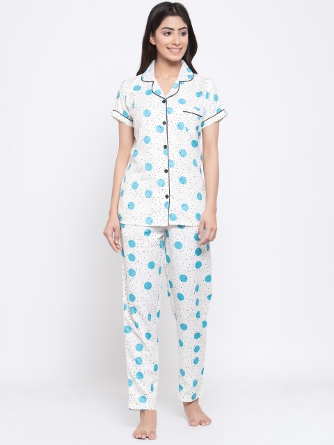 

MAXENCE Women White & Blue Printed Night suit