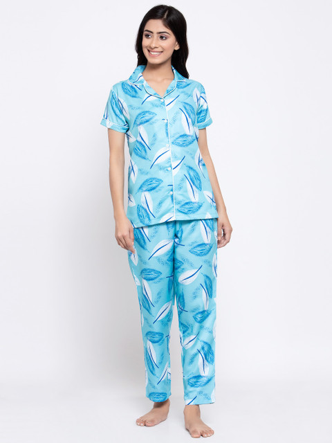 

MAXENCE Women Blue & White Printed Night suit
