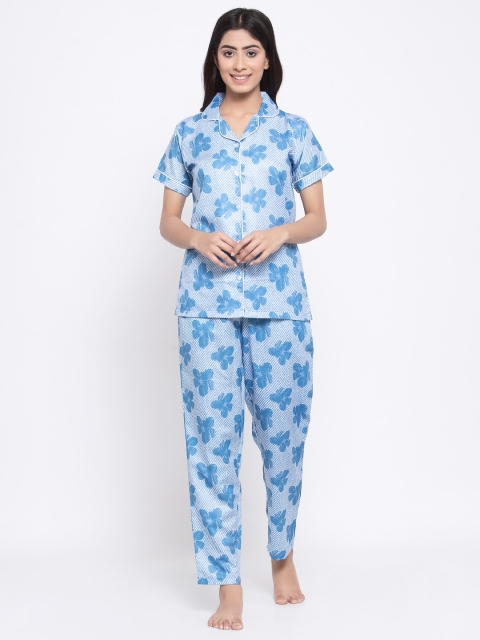 

MAXENCE Women Blue Printed Night suit