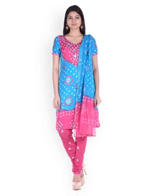 

SOUNDARYA Turquoise Blue & Pink Bhandani Printed Unstitched Dress Material