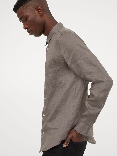 

H&M Men Beige & Grey Regular Fit Linen Shirt