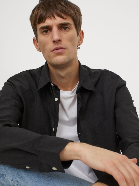 

H&M Men Black Cotton Linen Regular Fit Shirt