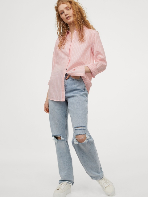 

H&M Women Baby Pink & White Cotton Shirt