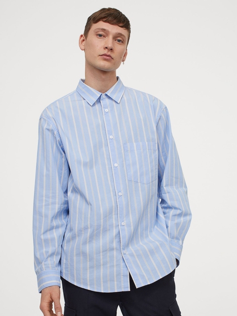 

H&M Men Light Blue & White Cotton Relaxed Fit Shirt