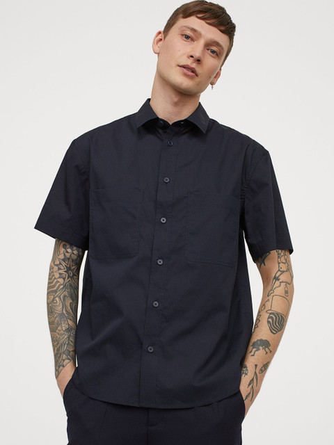 

H&M Men Navy Blue Cotton Relaxed Fit Shirt