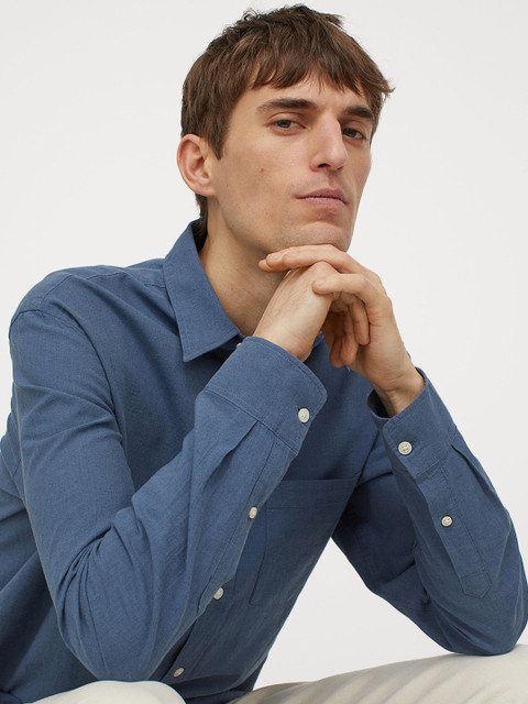 

H&M Men Blue Cotton Linen Regular Fit Shirt