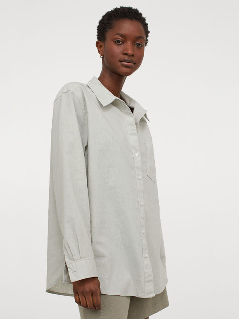 

H&M Women Pastel Green Linen-Blend Shirt