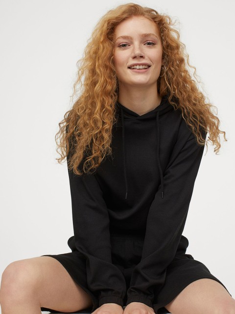 

H&M Women Black Ribbed Jersey Hoodie
