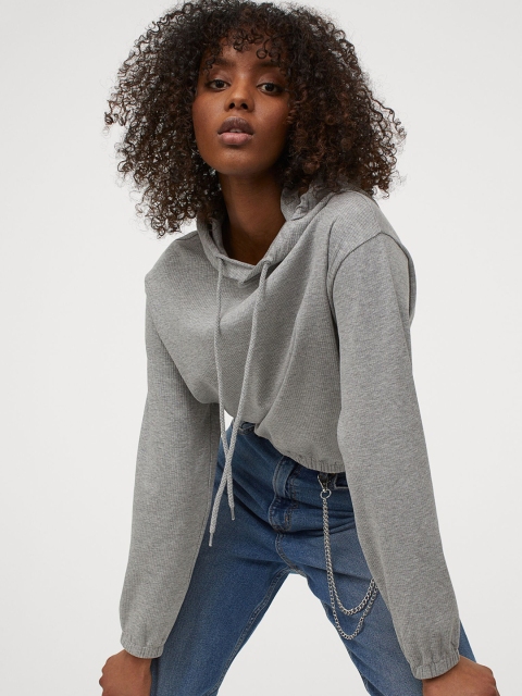 

H&M Women Grey Melange Ribbed Jersey Hoodie