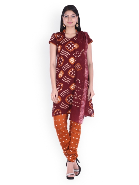 

SOUNDARYA Maroon & Orange Bhandani Printed Unstitched Dress Material