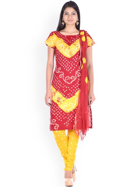 

SOUNDARYA Red & Yellow Bandhani Print Unstitched Dress Material