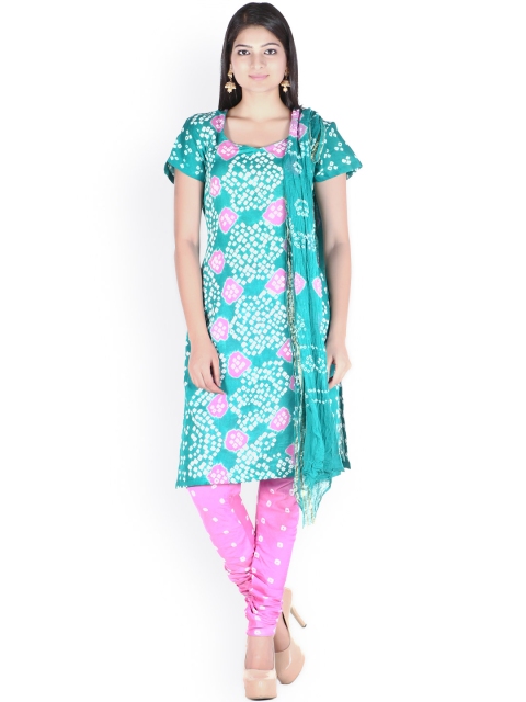 

SOUNDARYA Green & Pink Bandhani Print Unstitched Dress Material