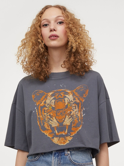 

H&M Women Grey & Orange Boxy Top