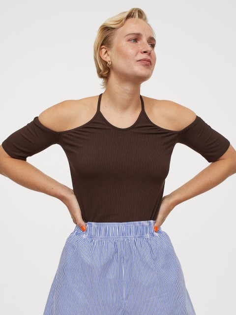 

H&M Women Coffee Brown Ribbed Cold Shoulder Top
