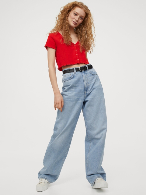 

H&M Women Red Cotton Button-Front Cropped Top
