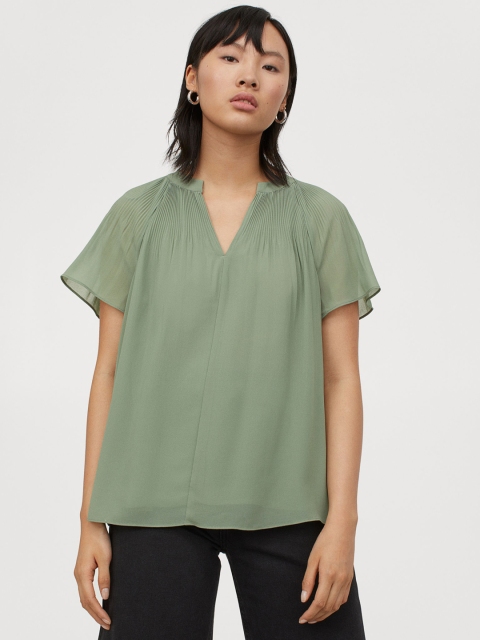 

H&M Women Green Solid Pleated Blouse