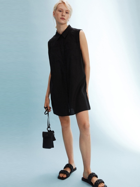 

H&M Women Black Solid Sleeveless Linen Blouse