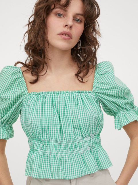 

H&M Women Green Checked Puff-Sleeved Blouse