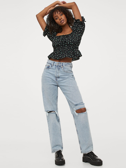 

H&M Women Black Solid Puff-Sleeved Blouse