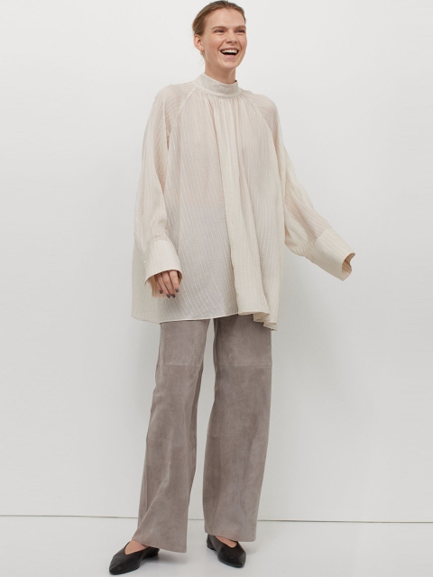

H&M Women Beige Solid Silk-Blend Crpe Blouse, White