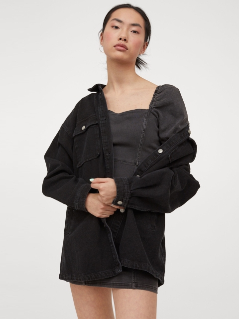 

H&M Women Black Puff-sleeved denim dress