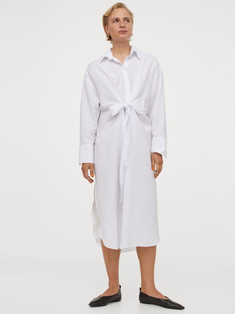 

H&M Women White Tie-Front Shirt Dress