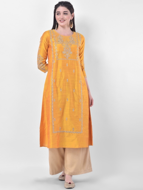 

Span Women Yellow Ethnic Motifs Embroidered A-line Kurta