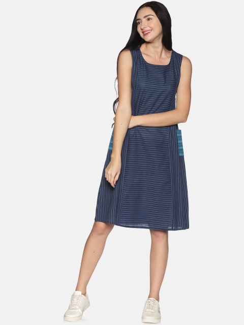 

Saffron Threads Women Navy Blue & Green Striped A-Line Dress