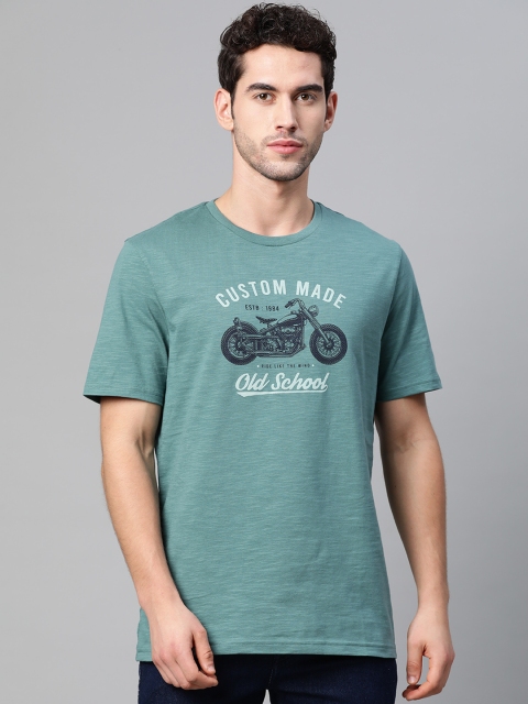 

Marks & Spencer Men Green & Navy Blue Pure Cotton Biker Print Round Neck T-shirt