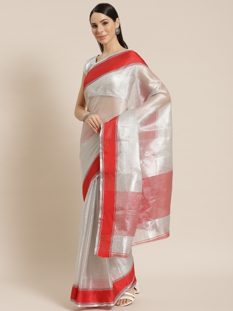 

KALINI Women Silver & Red Striped Saree