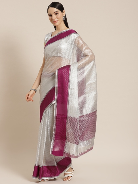 

KALINI Women Silver & Purple Striped Saree