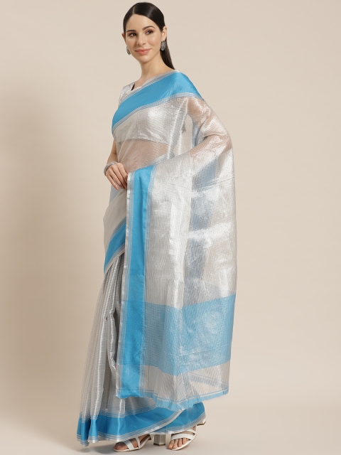 

KALINI Silver & Turquoise Blue Striped Saree