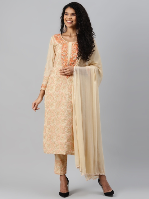

ADA Beige Chikankari Hand Embroidered Unstitched Dress Material