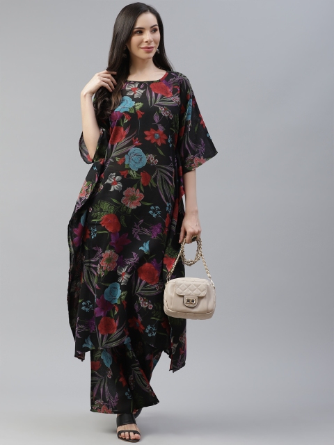 

Cottinfab Women Black & Red Floral Printed Kaftan Style Kurta with Palazzos