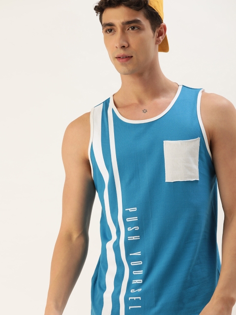 

Moda Rapido Men Blue & White Striped Sleeveless T-shirt with Pocket Detail