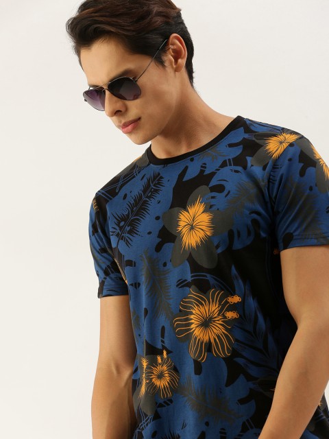 

Moda Rapido Men Black & Blue Floral Printed T-shirt