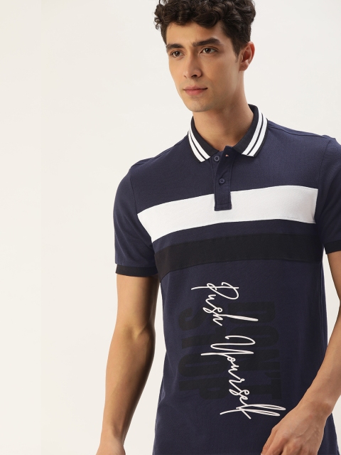 

Moda Rapido Men Navy Blue Typography Printed Polo Collar Pure Cotton T-shirt