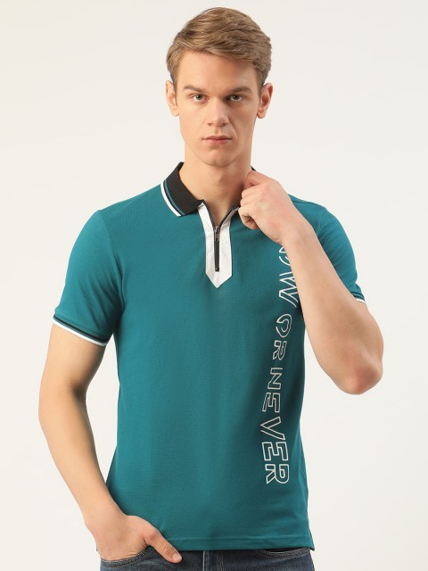 

Moda Rapido Men Teal Green Solid Pure Cotton Polo Collar Pure Cotton T-shirt