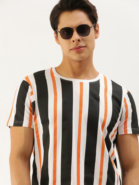 

Moda Rapido Men White Black Striped Pure Cotton T-shirt