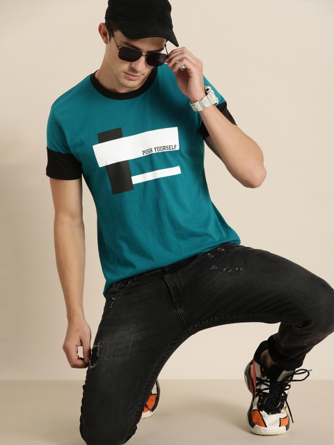 

Moda Rapido Men Teal Blue Printed Pure Cotton T-shirt