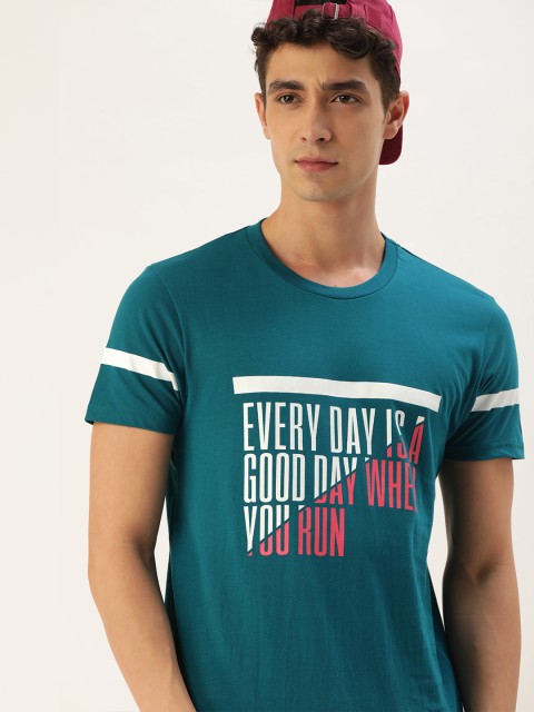 

Moda Rapido Men Teal Blue Typography Printed Pure Cotton T-shirt
