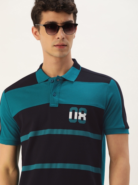 

Moda Rapido Men Teal Blue Black Striped Polo Collar Pure Cotton T-shirt