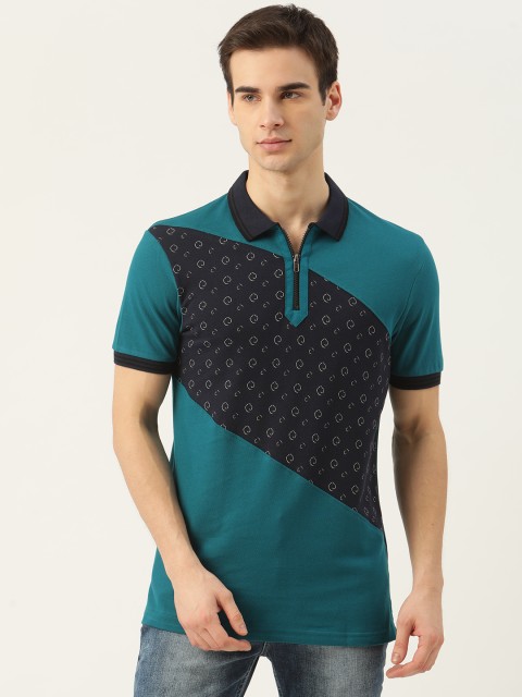 

Moda Rapido Men Teal Green & Black Pure Cotton Colourblocked Polo Collar T-shirt