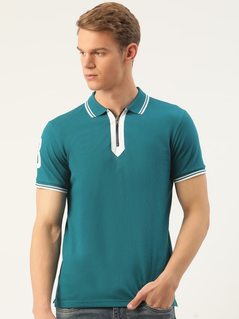 

Moda Rapido Men Teal Green Solid Pure Cotton Spread Collar Pure Cotton T-shirt