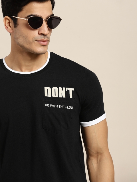 

Moda Rapido Men Black Solid Pure Cotton T-shirt with Printed Detail