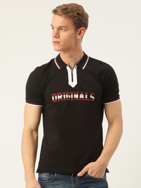 

Moda Rapido Men Black White Printed Pure Cotton Spread Collar Pure Cotton T-shirt