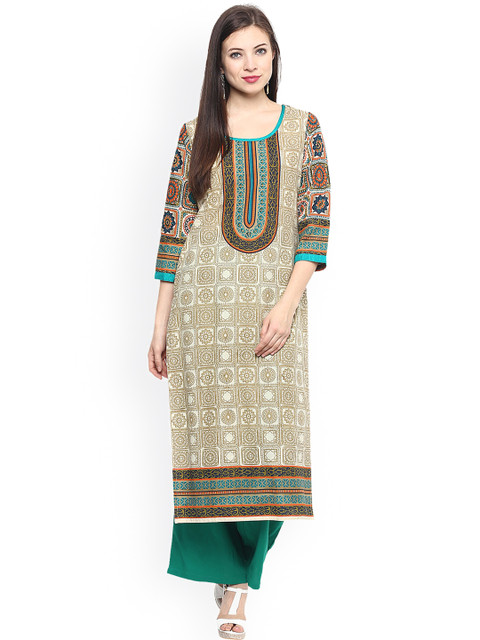 

Jaipur Kurti Cream-Coloured & Teal Green Printed Kurta with Palazzo Trousers