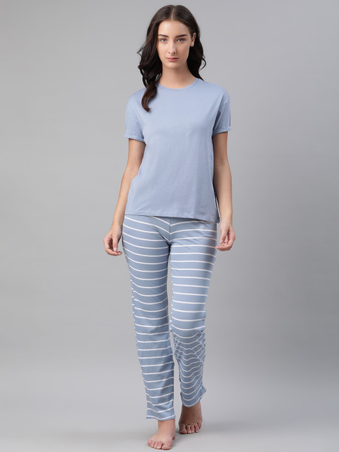 

Marks & Spencer Women Blue & White Solid Pure Cotton Night suit