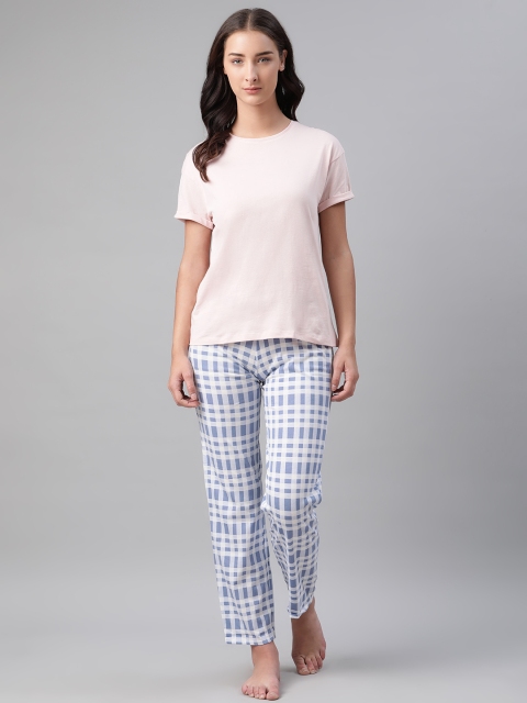 

Marks & Spencer Women Pink & Blue Solid Pure Cotton Night suit