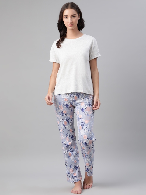 

Marks & Spencer Women Off-white & Blue Solid Pure Cotton Night suit